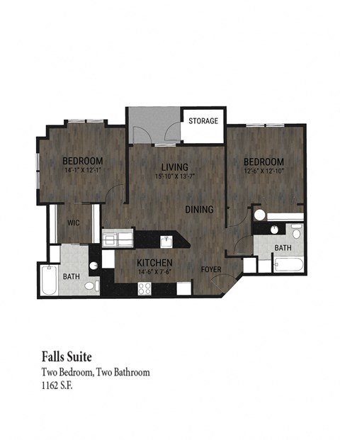 Floor plan for 2 beds, 2 baths, 1162 sqft